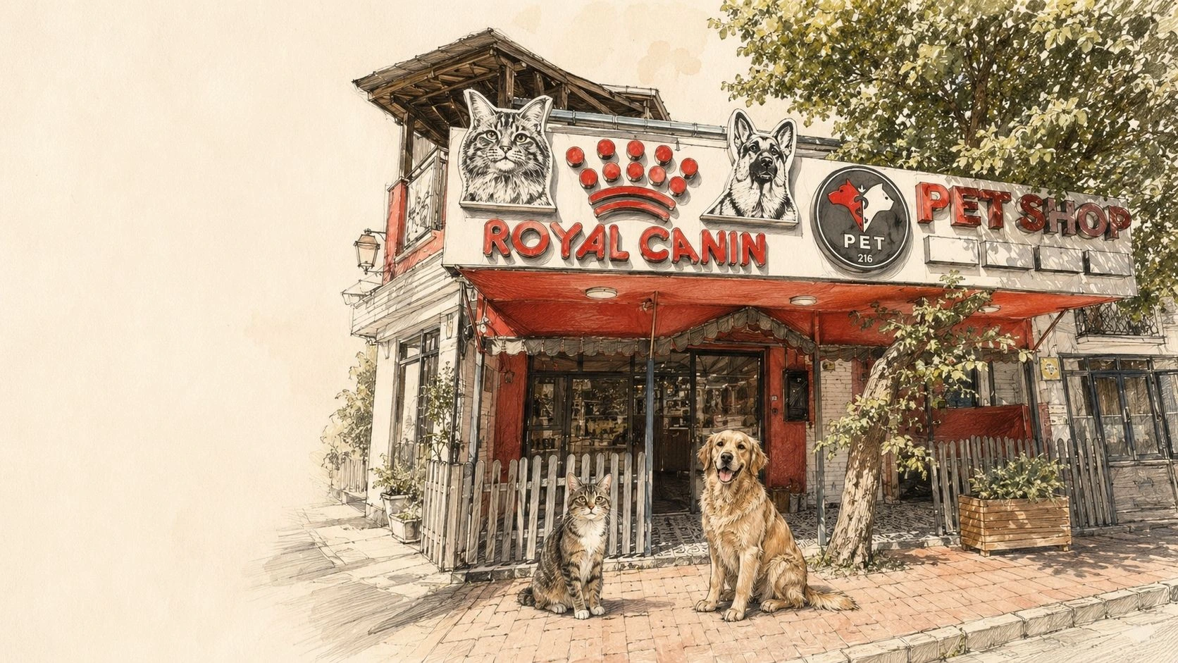 Pet216 Koşuyolu Petshop ve Pet Otel mağazası önünde kedi ve köpek