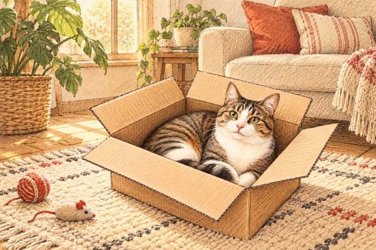 Sıcak bir ev ortamında karton kutunun içinde dinlenen kedi
