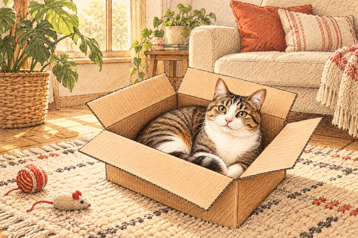 Sıcak bir ev ortamında karton kutunun içinde dinlenen kedi